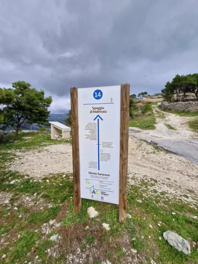 A vertical sign made of two wooden posts holding a white informative plaque stands on a rocky hillside. The plaque contains a blue number 14 at the top with a human figure walking symbol. Below it is the text "Spiaggia di Mattinata" with a vertical blue arrow pointing up. More detailed information in smaller print and various symbols are below. A bench is further back to the left. A rocky path winds away to the right behind the sign. There are trees on the hillside and a body of water in the far background. Overcast sky.