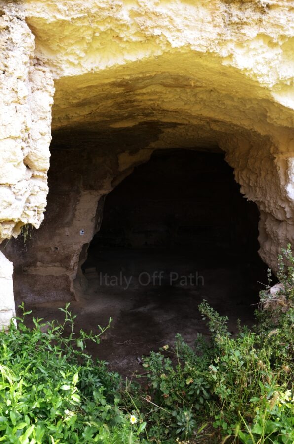 Dark opening of a natural rock cave cut into light-colored tufa stone surrounded by green plants in Gravina di Ginosa, Puglia.
