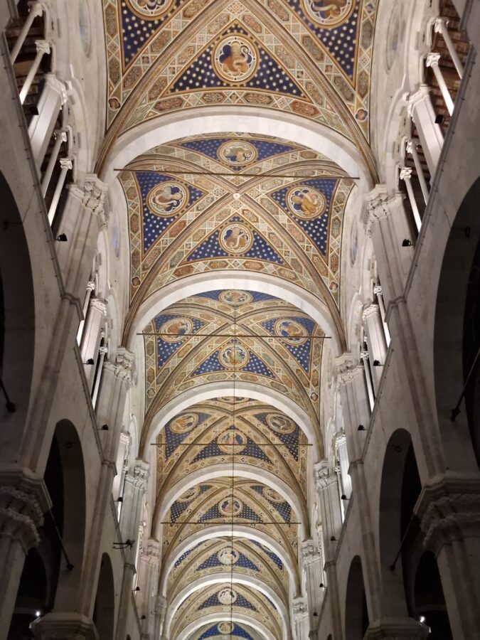 A low-angle interior view looking up at the high, vaulted nave ceiling of the Cathedral of San Martino in Lucca, Italy. The Gothic ribbed vaults are intricately decorated with deep blue paint and golden stars, featuring painted circular portraits of religious figures. Tall stone arches and columns flank the nave on both sides.