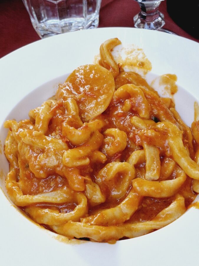 A white bowl filled with thick, hand-rolled pici pasta generously coated in a smooth, orange-red tomato-based sauce, set on a table with a red tablecloth.