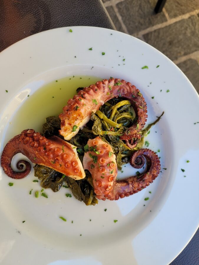 Grilled octopus tentacles served over a bed of cooked green vegetables on a white plate, drizzled with olive oil and chopped parsley.