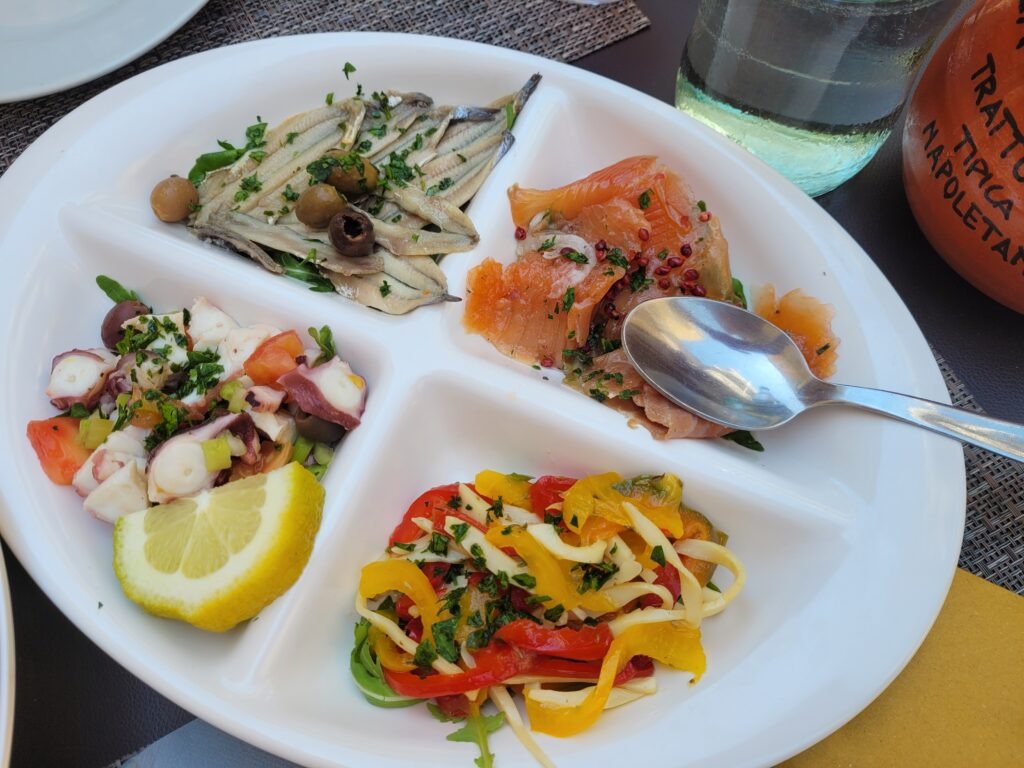 A white divided plate featuring a variety of Italian seafood appetizers: marinated anchovies with olives, salmon carpaccio with pink peppercorns, octopus salad with tomatoes and lemon, and a mixed bell pepper salad.