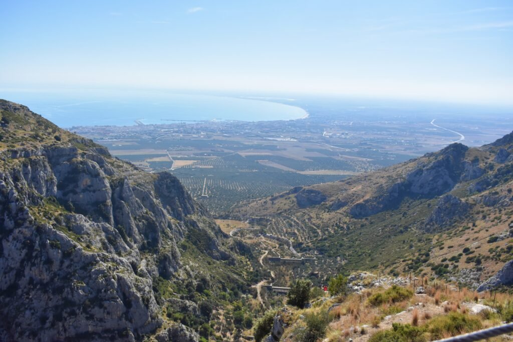 Panoramic view of the Gulf of Manfredonia and Tavoliere plain from the cliffs of Santa Maria di Pulsano abbey in Gargano, Puglia.