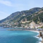 View from the Path of the Lemons of the green mountains on which the houses stand in Minori by the Costiera Amalfitana sea.