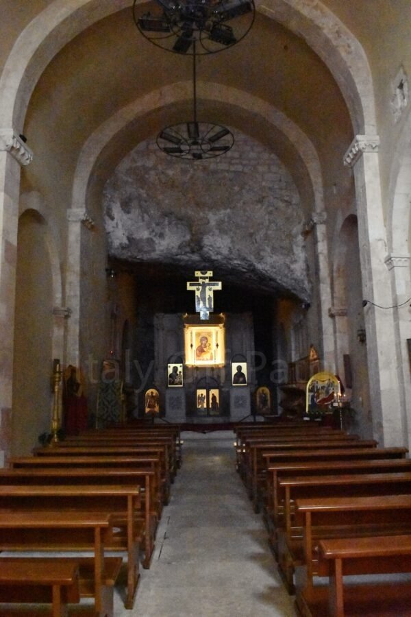 Cave altar and iconostasis inside the church of the Abbey of Santa Maria di Pulsano in Gargano, Puglia.