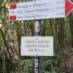 Trail signpost in a forest showing hiking directions to Narni landmarks and a plaque marking Ponte Cardona, the geographical center of Italy, at 285 meters above sea level.