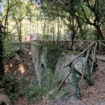 In the forest there is a worn-out path covered with leaves that runs across a very old stone bridge with a wooden railing standing in a dry riverbed.