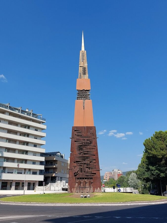 The Lance of Light modern steel obelisk by Arnaldo Pomodoro in Terni Umbria Italy