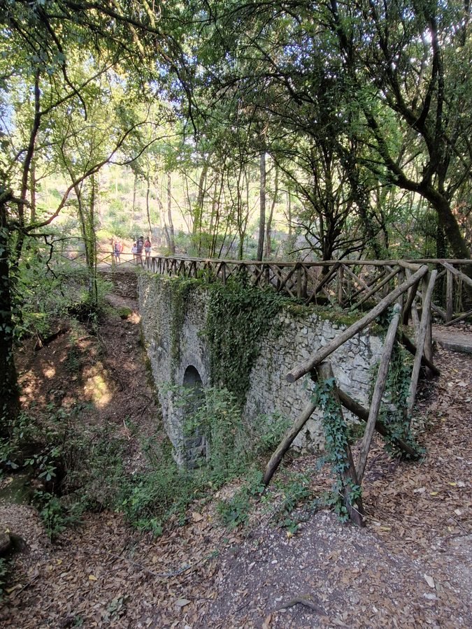 Ancient stone roman aqueduct bridge, Ponte Cardona, with wooden railings in a dense green forest near Narni, Umbria.