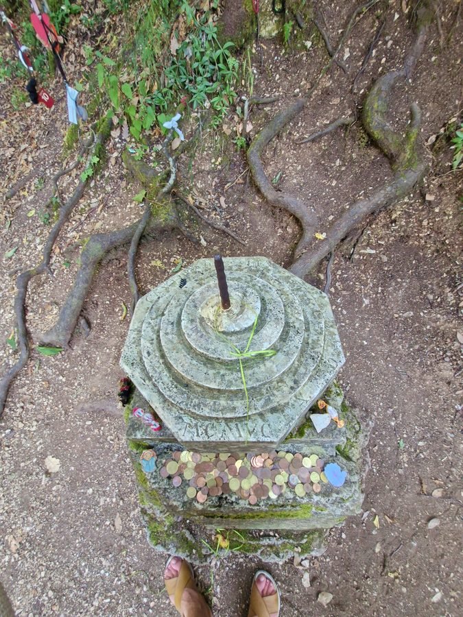 Top-down view of the tiered stone marker indicating the geographic center of Italy, surrounded by tree roots and coins left by visitors near Narni, Umbria