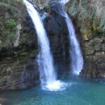 Twin waterfall in Italy cascading into a turquoise pool, surrounded by mossy rocks and forest, a hidden hiking destination in winter.
