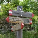 Wooden hiking trail signs in Majella National Park showing directions to local landmarks.