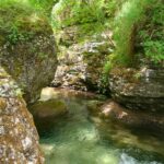 Clear turquoise stream flowing between moss-covered rocks in a shaded gorge.