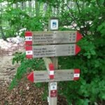 Trail signpost in Majella National Park showing hiking routes to Eremo San Giovanni, Pianagrande, and Caramanico Terme in Abruzzo.”