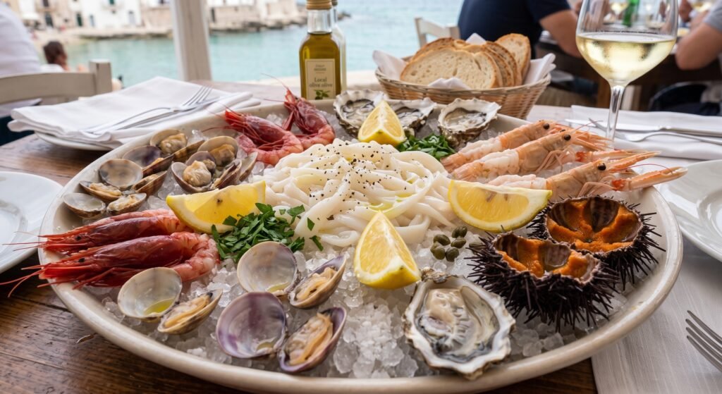 A close-up photograph of a large, round platter piled high with fresh seafood served on crushed ice at a table by the Mediterranean Sea. The platter includes raw red prawns, deep sea prawns, clams in their shells, fresh oysters, calamari rings, and two spiky sea urchins filled with their orange roe. Slices of lemon are scattered throughout the seafood. In the background, there is a bottle of olive oil, a basket of bread, and a glass of white wine. The viewpoint is from the table looking out at the turquoise water and the white, cliffside town of Polignano a Mare, Italy. The lighting is bright daylight, and the focus is sharp on the seafood platter.
