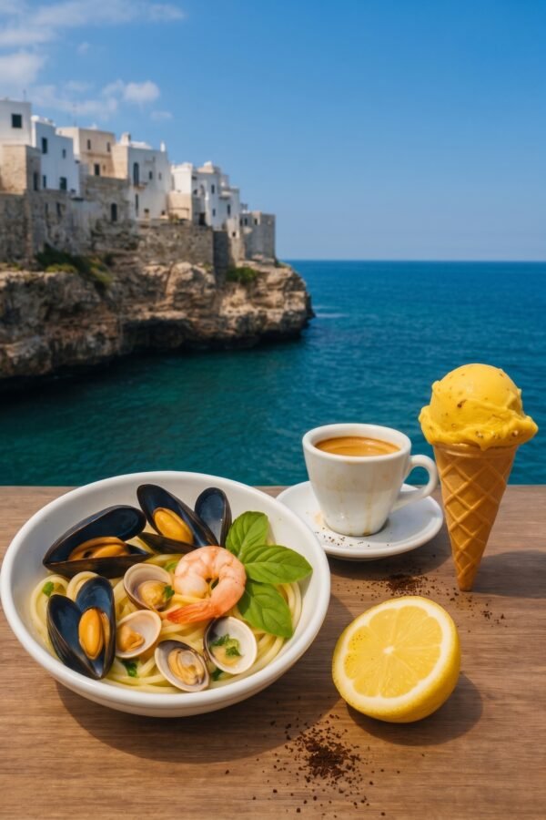 An outdoor dining scene in Polignano a Mare, Italy, featuring a white bowl of seafood spaghetti with clams, mussels, and a central prawn, flanked by fresh basil. Beside it on a wooden table are a cut lemon, a cup of espresso, and a scoop of mango gelato in a cone, with a view of the sea and whitewashed buildings on cliffs in the background.