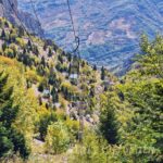 Historic open-air cable car to Grotta del Cavallone in Abruzzo, Italy, ascending above forested mountains and valleys on a sunny day. Off the Beaten Path in Abruzzo