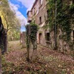Abandoned ivy-covered house near Fara San Martino in Abruzzo, Italy, surrounded by trees and overgrown courtyard.