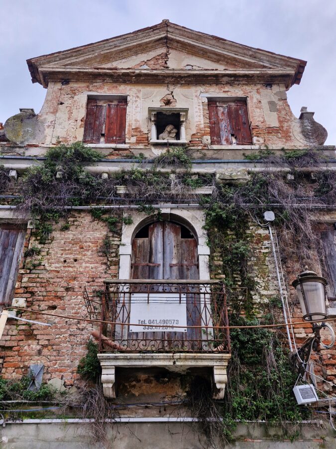 A crumbling, abandoned brick building facade in Chioggia, Italy, heavily overgrown with creeping vines. The top triangular pediment shows peeling plaster, a large vertical structural crack, and a small religious statue in a niche between two weathered wooden windows. Below, an arched wooden door opens onto a small stone balcony with a rusty wrought-iron railing holding a white sign with phone numbers.