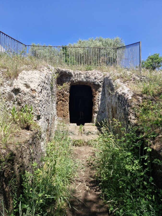 The stone entrance to the ancient Etruscan Tomba del Trono in Ville Cappellana, featuring a narrow dirt path flanked by wild grass leading into a dark rock-cut chamber under a clear blue sky.