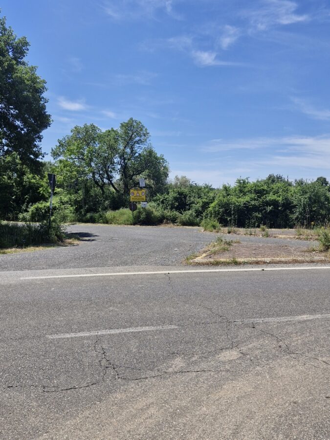 An asphalt road crossing on a hiking route in Lazio, with green trees, dense bushes, a yellow road sign, and a bright blue sky in the background.