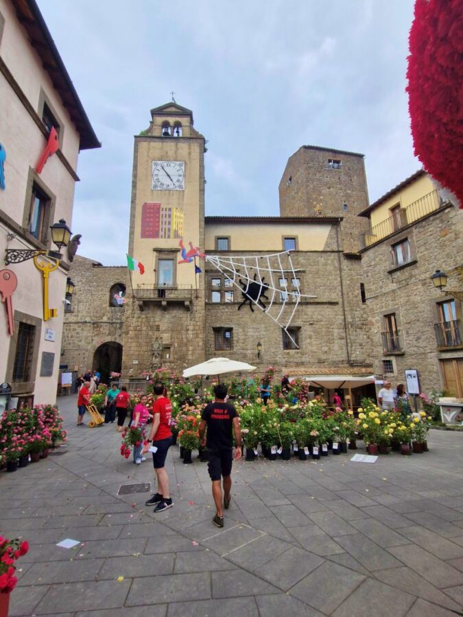 A stone-paved main square features numerous potted rose bushes in bloom, creating a makeshift flower market or display area. In the background, an ancient stone clock tower stands alongside a medieval building adorned with a large, white decorative spiderweb and a figure of Spider-Man on the wall. A few people walk through the square under a cloudy sky.