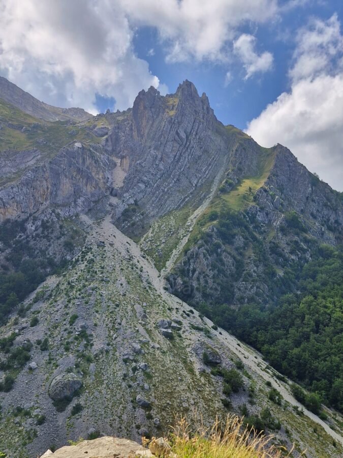 Rocky slopes of Pizzo d'Intermesoli towering above the Val Maone hiking trail near Prati di Tivo in Gran Sasso National Park, Abruzzo, Italy