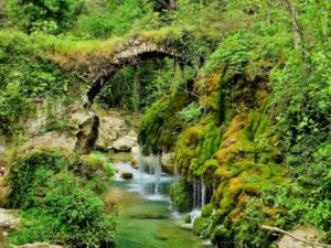 Stone arch bridge over a stream with moss-covered rock cascades at Capelli di Venere Casaletto Spartano, Campania.