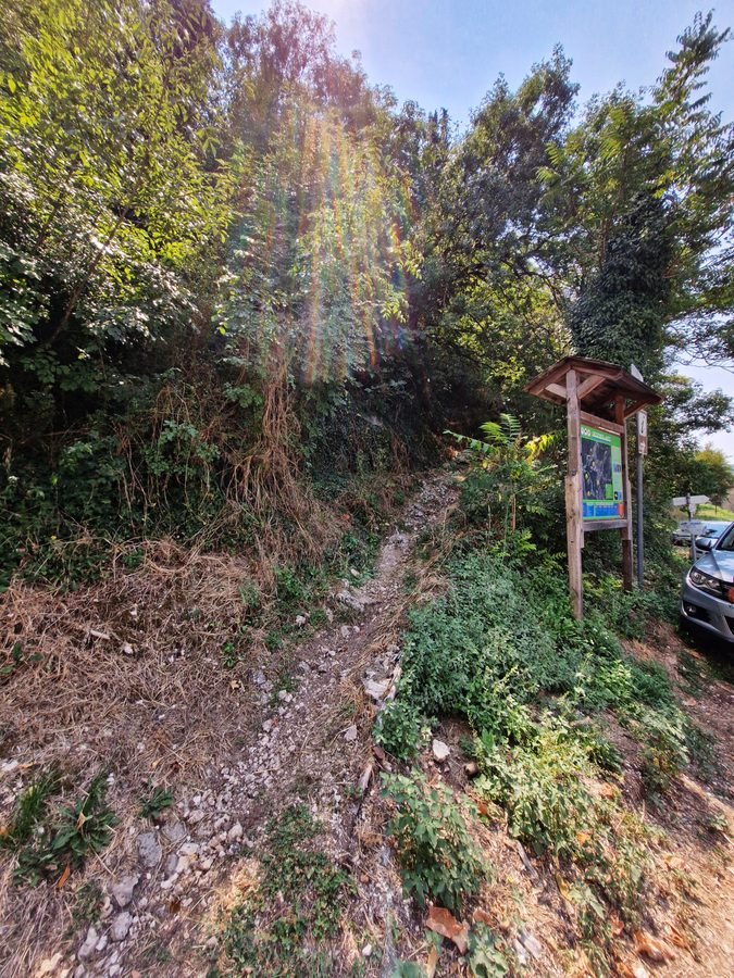 Narrow dirt and rocky trail leading uphill into the woods next to an information board toward Rocca Albornoziana near Lake Piediluco, Umbria