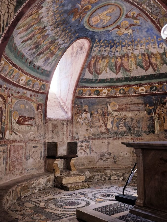 Medieval apocalyptic frescoes on the vaulted ceiling and walls of the Crypt of St Magnus Anagni Cathedral, Lazio, Italy.   