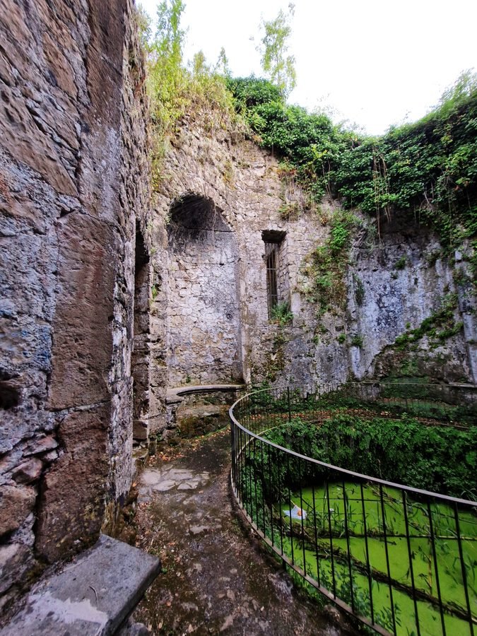 Overgrown stone walls and metal railing above a green pond in the ruins of Ninfeo del Bramante, Genazzano, Lazio, Italy.