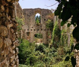 Stone archways and crumbling inner walls of the overgrown Rocca Albornoz fortress ruins near Lake Piediluco, Umbria, Italy.