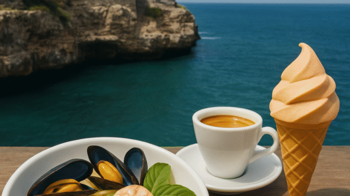 Seafood pasta with mussels, clams, and shrimp in a white bowl, served with a cup of espresso, a lemon half, and a gelato cone on a wooden table overlooking the cliffs and blue sea of Polignano a Mare, with the text “Polignano a Mare food: a short guide” above.