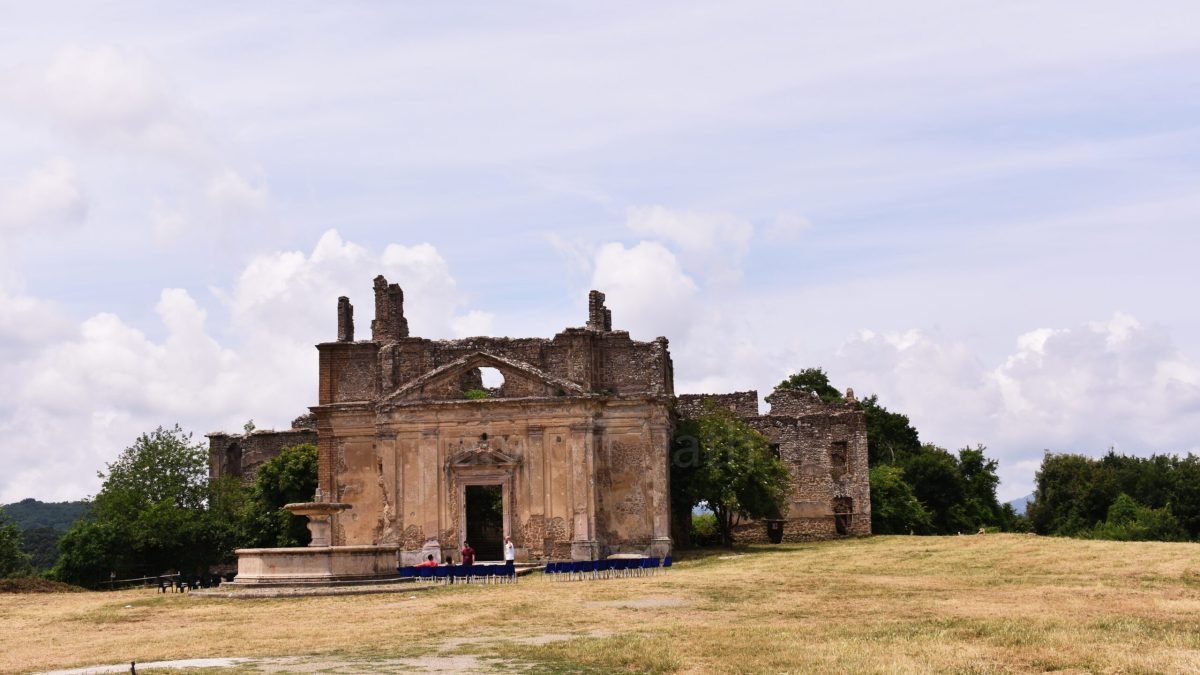 Ruins of the Church and Monastery of San Bonaventura in the abandoned town of Antica Monterano ghost town, Lazio, Italy.