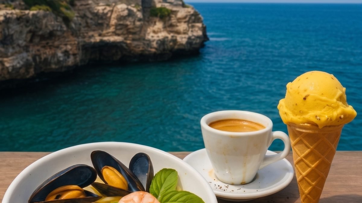 An outdoor dining scene in Polignano a Mare, Italy, featuring a white bowl of seafood spaghetti with clams, mussels, and a central prawn, flanked by fresh basil. Beside it on a wooden table are a cut lemon, a cup of espresso, and a scoop of mango gelato in a cone, with a view of the sea and whitewashed buildings on cliffs in the background.
