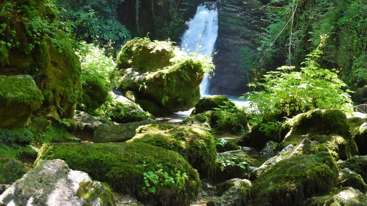 Waterfall flowing into a pool behind large moss-covered boulders and dense green foliage at Cascata di Trevi in Lazio, Italy.