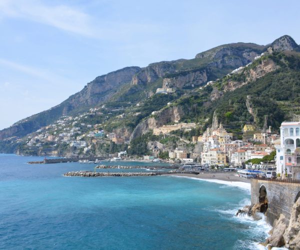 View from the Path of the Lemons of the green mountains on which the houses stand in Minori by the Costiera Amalfitana sea.