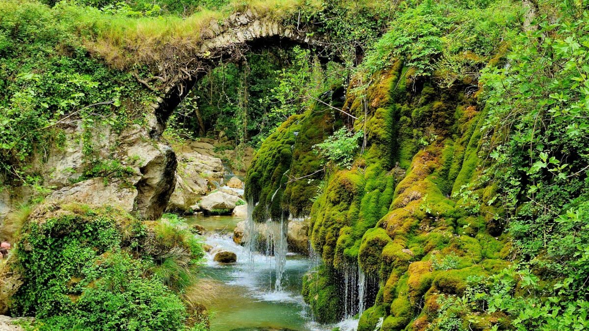Stone arch bridge over a stream with moss-covered rock cascades at Capelli di Venere Casaletto Spartano, Campania.